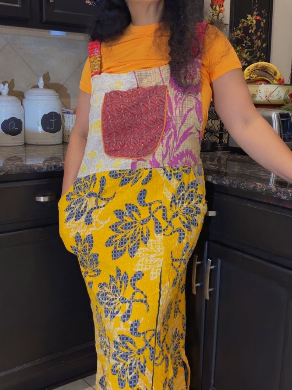 Kantha Boho Floral Patchwork Bib Maxi Dress in Mustard Yellow